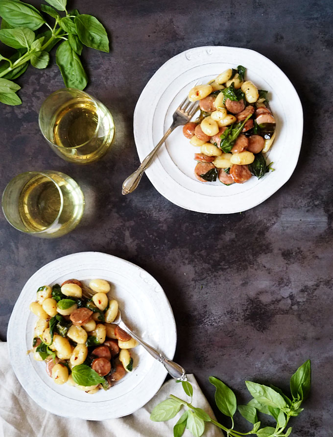 Brown Butter Basil Gnocchi with White Wine and Sausage | the kitchen paper