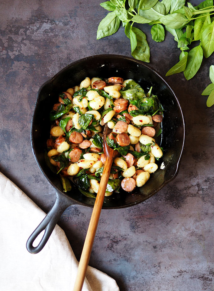 Brown Butter Basil Gnocchi with White Wine and Sausage | the kitchen paper