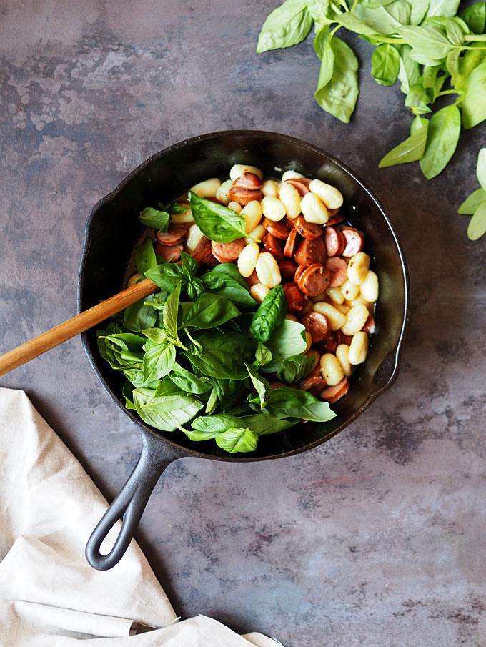 Brown Butter Basil Gnocchi with White Wine and Sausage | the kitchen paper