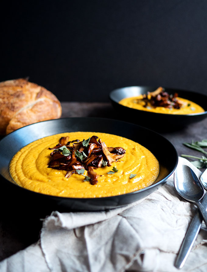 Butternut Squash Sweet Potato Bisque with Buttered Chanterelles | thekitchenpaper.com