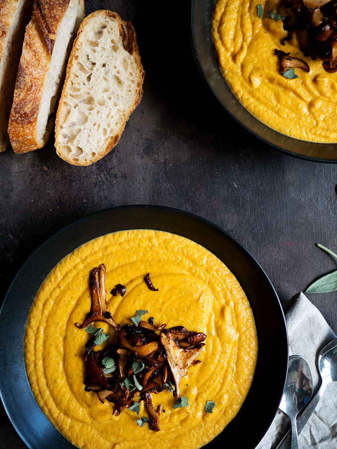 Butternut Squash Sweet Potato Bisque with Buttered Chanterelles | thekitchenpaper.com