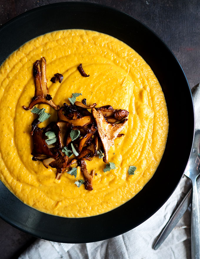 Butternut Squash Sweet Potato Bisque with Buttered Chanterelles | thekitchenpaper.com